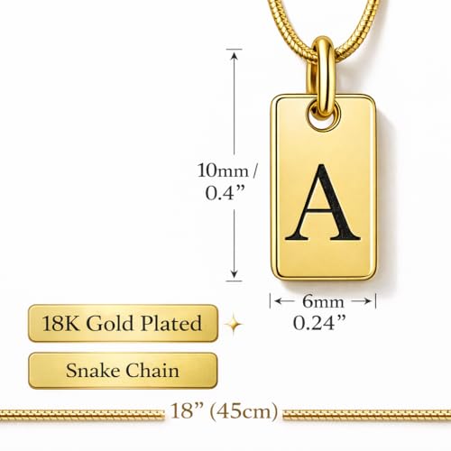 Initial Necklace in 18K Gold Plated, Personalized Engraved Letter Pendant, Gold Snake Chain, 6×10 mm Rectangle Charm for Women - color: N