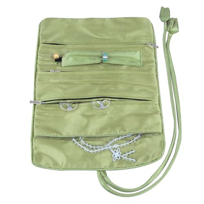 TUMBEELLUWA Embroidery Travel Jewelry Bag Roll Embroidered Flower and Bird Brocade Organizer with Tie Close - color: #1 Green