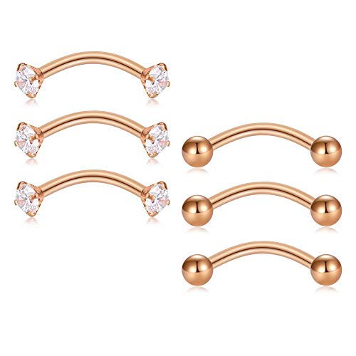 Briana Williams 6pcs Stainless Steel Rook Daith Earrings Belly Lip Ring Eyebrow Studs Cartilage Tragus Cubic Zirconia Barbell Body Piercing 8mm (5/16") - color: 3 -Rose Gold