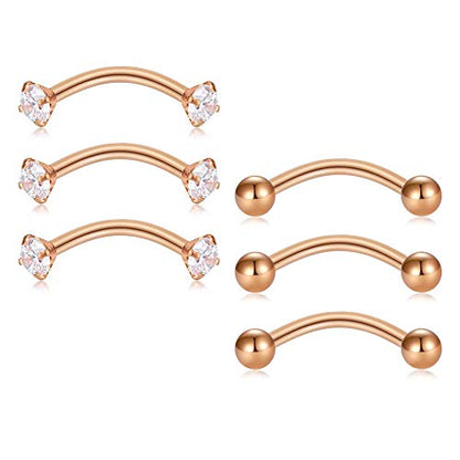 Briana Williams 6pcs Stainless Steel Rook Daith Earrings Belly Lip Ring Eyebrow Studs Cartilage Tragus Cubic Zirconia Barbell Body Piercing 8mm (5/16") - color: 3 -Rose Gold