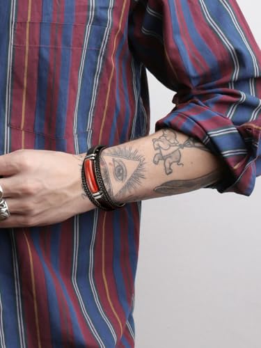 Mens Black Leather Obsidian/Turquoise/Tiger Eye/Red Agate Bracelet–Braided Multi‑Layer Wristband Cuff Bangle Bracelet with Stainless Steel Clasp Gift Jewelry Box Included - color: Red Agate, size: 9in(Fits larger wrists)