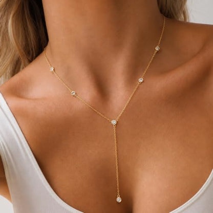 Lariat Necklace for Women, Dainty 14K Gold/Silver Plated Long Necklaces for Women Trendy Simple Layered Y-Shaped Pendant Necklace Adjustable Fashion Jewelry Gift - color: Gold, style: CZ Y Necklace