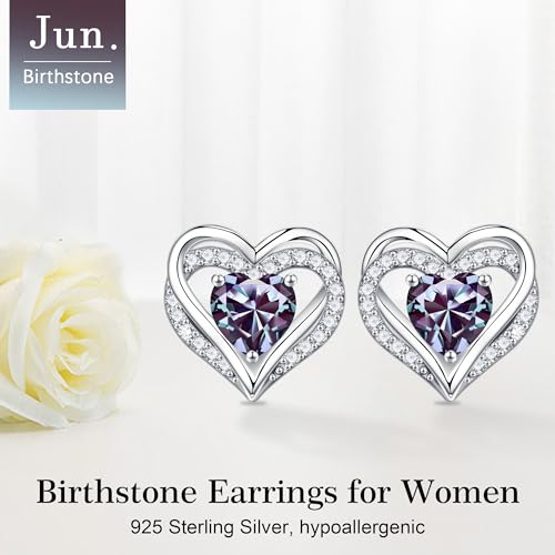 Iefil Birthstone Earrings for Women - 925 Sterling Silver Heart Stud Earrings Birthday Gifts for Women - color: 06-Jun-Created Alexandrite