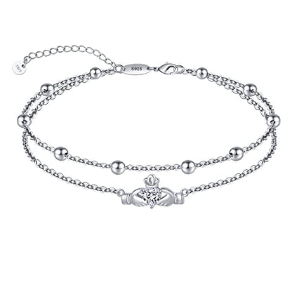 Anklet for Women S925 Sterling Silver Adjustable Foot Charm Ankle Bracelet Anklets Jewelry 9.5-10.5 Inches - color: 9# Claddagh Anklet