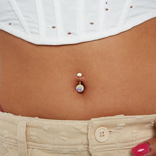 2pcs 14k Gold Filled Belly Button Rings, 14G 8mm/10mm/12mm Threaded Barbell Belly Button Piercing, Navel Ring Piercing Jewelry - color: 14K GF-2pcs-AB Round CZ-10mm