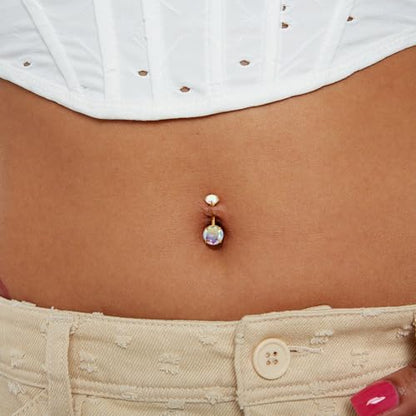 2pcs 14k Gold Filled Belly Button Rings, 14G 8mm/10mm/12mm Threaded Barbell Belly Button Piercing, Navel Ring Piercing Jewelry - color: 14K GF-2pcs-AB Round CZ-12mm