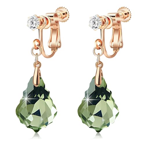Austrian Crystal Baroque Drop Clip On Dangle Earrings for Women Non Pierced 14K Rose Gold Plated Hypoallergenic Jewelry - color: Fern Green