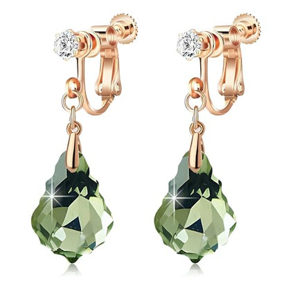 Austrian Crystal Baroque Drop Clip On Dangle Earrings for Women Non Pierced 14K Rose Gold Plated Hypoallergenic Jewelry - color: Fern Green