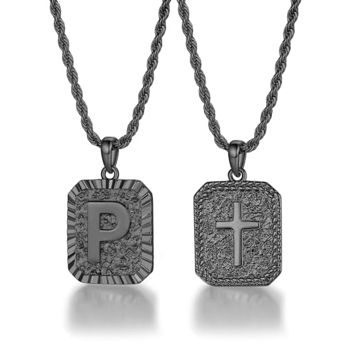 ASUWISH Gold Initial Necklaces for Men and Women, 18K Gold Plated Letter A-Z Cross Pendant with Adjustable Rope Chain, Letter Necklace for Women and Men - color: P, style: Black