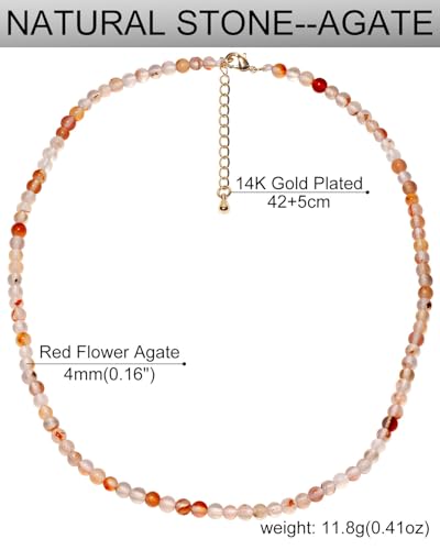 Simple 4mm Gemstones and Crystals Choker Necklace Unisex 16"-18" | Necklaces for Women Men, Adjustable, 40-45 cm Chain Length, Handmade, Spiritual Gemstones, Positive Energy, Daily Wear - style: Red Flower Agate