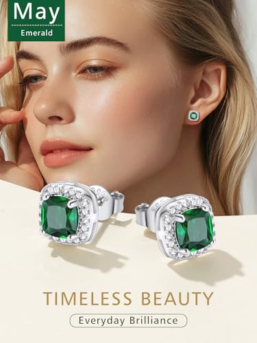FindChic Birthstone Earrings for Women, Round/Heart/Square/Teardrop Earrings with 925 Sterling Silver Posts & Push Backs, Hypoallergenic Studs with Cubic Zirconia, 12 Months Jewelry with Gift Box - style: 05. May-Emerald (Square)