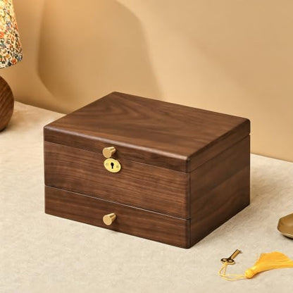 Black Walnut Wooden Lockable Jewelry Box, 3 Layer Organizer for Women | Solid Wood, Drawer, Removable Tray, Lock Key, Necklace Ring Earrings Watch Bracelet Case, Handcrafted, Gifts for Mom, Wome - color: 3 Layer Full Lock