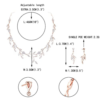 Cubic Zirconia Leaf Vine Wedding Jewelry Set for Bride Women Bridesmaid | Pear-Shaped Birthstone, Necklace Dangle Earrings for Bridesmaid, Silver-Plated-Brass - color: 2pcs_Clear Rose Gold-Plated-Brass
