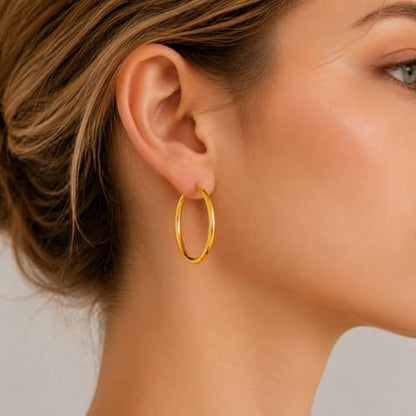 14K Gold Hoop Earrings for Women, Classic Minimalist Medium & Large Gold Hoops, Lightweight Round Hoop Earrings, Available in 35/45/55mm - size: 35MM