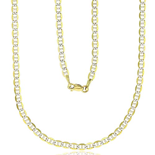 DECADENCE 14k Two Tone Gold Solid 3mm-3.50mm Mariner Pave Link Chain Bracelet with Lobster Claw Clasp | Italian Gold Chain | Mariner Pave Link Chains - style: 3mm