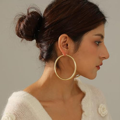 4mm Thick Gold Chunky Earrings Steling Silver Post Hoops Earrings For Women Hollow Tube Hoops Earrings Thick Gold Hoop Earrings Hypoallergenic Lightweight Gold Hoop Large Earrings 20/30/40/50/60MM - color: Gold,70mm