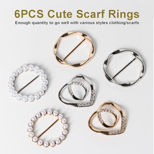 6PCS Cute Scarf Ring and Slides for Scarves, Premium T-Shirt Clips for Women Clothing, 3 Different Sized Waist Cinch Clip Buckle For Womens Clothing Accessories, Gold/Silver