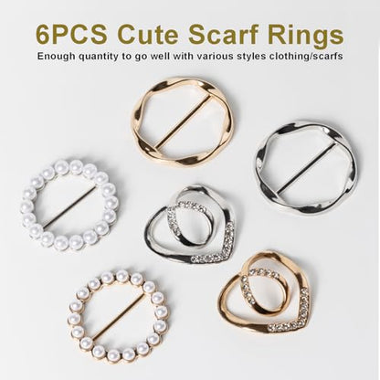 6PCS Cute Scarf Ring and Slides for Scarves, Premium T-Shirt Clips for Women Clothing, 3 Different Sized Waist Cinch Clip Buckle For Womens Clothing Accessories, Gold/Silver