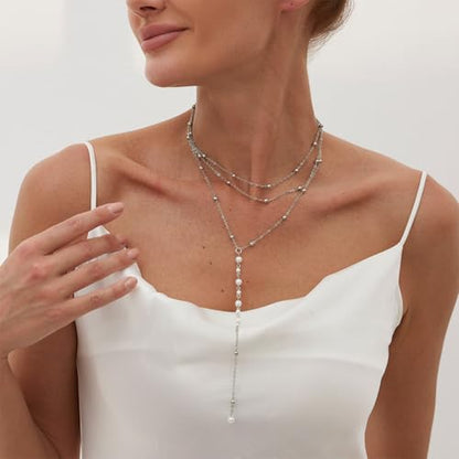 Trendy Gold Layered Small Beaded Pearl Long Tassel Lariat Y Necklaces for Women, Dainty Beads Pearls Drop Necklace Statement Charm Party Jewelry Gift - color: Silver