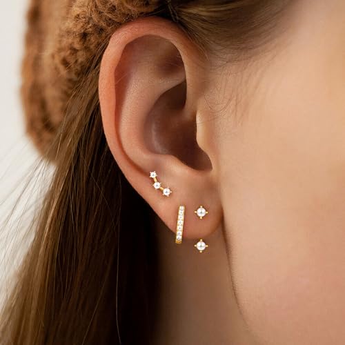 3 Pairs Dainty Small Earrings Set for Women Trendy, Birthstone Stud Huggie Hoop Jacket Stack for Cartilage Helix, Gold Plated Hypoallergenic Cute Women Fashion Accessories Western Jewelry Gifts - color: Created Pearl-Gold