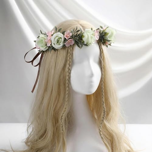 Pink Green Flower Crown Headband, Boho Rose Floral Headpiece | Artificial, Adjustable Fairy Woodland Headbands, Women Maternity Wedding Renaissance Festival Birthday Party Accessories - color: Pink-green