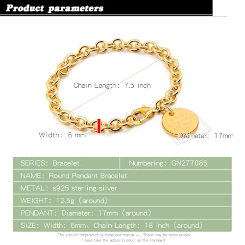 Dankadi Women 925 Sterling Silver Round Cable Wire Link Bracelet Charm Heart-Bell-Square-Circle Pendant Chain Bangle Fine Jewelry Gift For Wife Her - color: 6MM Gold Round Pendant, size: 6.7 in