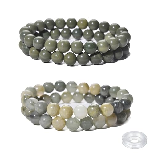 Crystal Beaded Bracelets Set, 4 Piece Gemstone Stretch Bracelets, Rose Quartz, Agate,Jasper, Tiger Eye and Multicolor Glass Beads with String - style: Type 12(Green Grass Jade+G.G Stone)