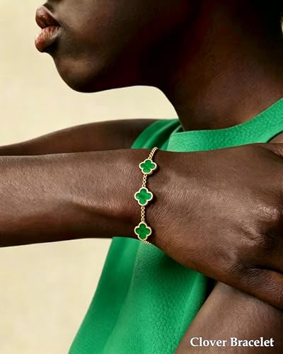 Clover Jewelry Set 3 PC - 18K Gold Plated Stainless Steel Y Necklace Four Leaf Pendant, Clover Bracelet Charm, 4leaf Earrings, Hypoallergenic Non-Tarnish, Lucky Jewelry Gifts for Women Mom - color: Emerald Green/Gold