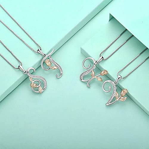 STARCHENIE Initial Necklace for Women Sterling Silver Letters 26 Alphabet Pendant Rose Flower Jewelry Gifts for Family Sisters Friend - color: T
