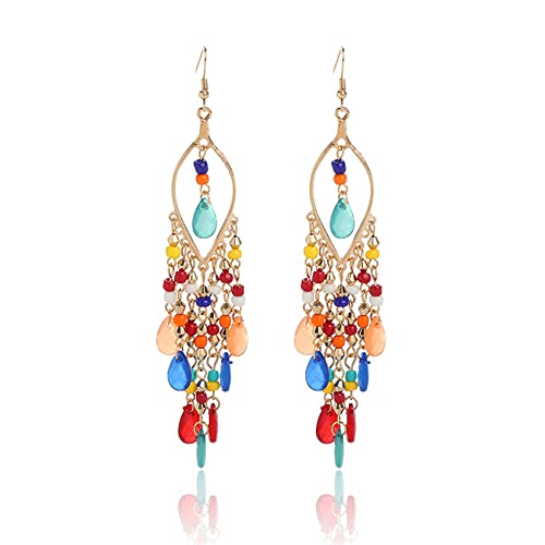Essencedelight Crystal Beaded Tassel Earring Long Beaded Dangle Earring Fringe Hook Earring for Women Bridal Wedding - color: mixed color