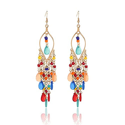Essencedelight Crystal Beaded Tassel Earring Long Beaded Dangle Earring Fringe Hook Earring for Women Bridal Wedding - color: mixed color