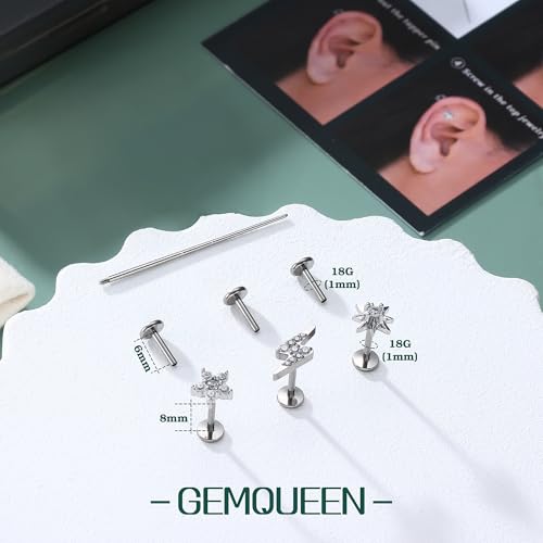 3 Pcs G23 Implant Grade Titanium Flat Back Earrings for Women Men | Hypoallergenic Internally Threaded 5A CZ Gold Flatback Stud, Tragus, Cartilage, Conch Piercing Jewelry for Sensitive Ears 18G - color: Silver 1