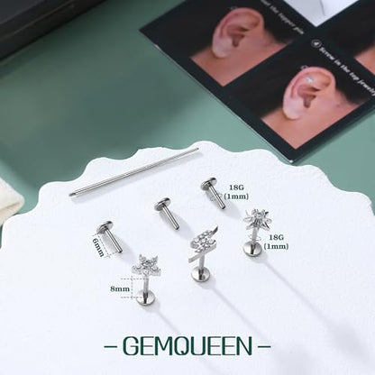 3 Pcs G23 Implant Grade Titanium Flat Back Earrings for Women Men | Hypoallergenic Internally Threaded 5A CZ Gold Flatback Stud, Tragus, Cartilage, Conch Piercing Jewelry for Sensitive Ears 18G - color: Silver 1