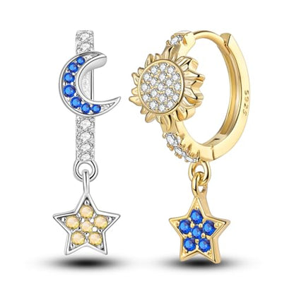 14k Gold Plated Star Moon Sun Huggies Hoops Earrings for Woman | 925 Sterling Silver Cubic Zirconia Twisted Cross Hoop Post Chunky Small Tiny cuff Earring Gift for Her - color: star moon sun earring