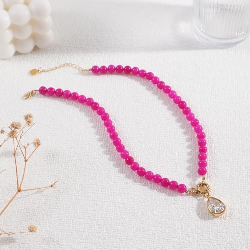 Beaded Gemstone Necklaces for Women Boho Beaded Choker Necklace | CZ Diamond Water Drop Pendant Necklace Natural Stone Jewelry Gifts - color: Rose