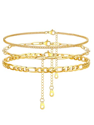 U7 2Pcs/3Pcs Ankle Bracelets for Women, Stainless Steel Cuban Link/Figaro/Rope/Heart Chain Anklets Sets,Waterproof Layered Anklets Adjustable 8.5"-10.5" - color: 05.3Pcs Style C-Gold
