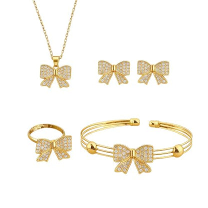 1 Set 4 Pcs Bow Jewelry Set Silver-tone Rhinestone Adjustable Bow Necklace, Earrings, Bracelet, Ring for Women, Party, Daily - color: Gold