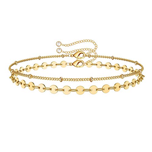 Dainty Gold Bracelets for Women, 14K Gold Plated Adjustable Layered Beads Bracelet Cute Evil Eye Oval Chain Pearl Bar Turtle Gold Bracelets for Women Jewelry - style: Coin Beads Chain
