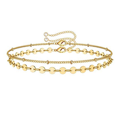 Dainty Gold Bracelets for Women, 14K Gold Plated Adjustable Layered Beads Bracelet Cute Evil Eye Oval Chain Pearl Bar Turtle Gold Bracelets for Women Jewelry - style: Coin Beads Chain
