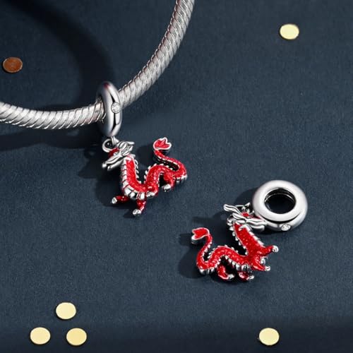 Hapour 925 Sterling Silver Charms for Bracelet Necklace Dangle Pendant Bead | Bear Charm, Elephant Zebra Cat Dream catcher Family Birthday European Jewelry Charm, For Women Mom - color: Red Dragon