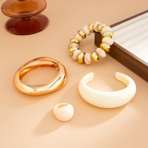 Chunky Gold Acrylic Bangle Bracelets for Women Chunky Resin Beaded Bracelets 14K Gold Plated Bangle Stack Statement Cuff Jewelry Gift - color: WHITE Bracelet