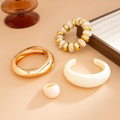 Chunky Gold Acrylic Bangle Bracelets for Women Chunky Resin Beaded Bracelets 14K Gold Plated Bangle Stack Statement Cuff Jewelry Gift - color: WHITE Bracelet