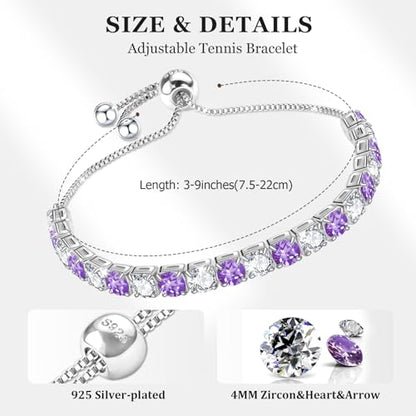 J.Fée Silver Bracelet, S925 Tennis Bracelet with Sparkling 5A Cubic Zirconia Silver Bracelets for Women Adjustable Bracelet for Women Bracelets Womens Bracelet Women Gifts for Women Mom - color: Zirconia Purple CZ
