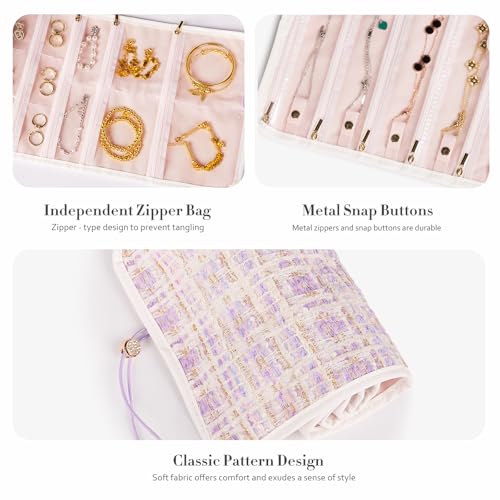 Abiudeng Tweed Travel Jewelry Organizer Roll with 20 Compartments - Rhinestone Button, Anti-Tarnish & Tangle-Free Necklace Storage Bag, Velvet Lined Scratch Protection Case for Women - Purple - color: Purple