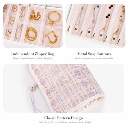 Abiudeng Tweed Travel Jewelry Organizer Roll with 20 Compartments - Rhinestone Button, Anti-Tarnish & Tangle-Free Necklace Storage Bag, Velvet Lined Scratch Protection Case for Women - Purple - color: Purple