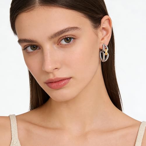 Clip on Earrings for Women Silver and Gold Plated Twisted Rope Hoops Non Pierced C Hoop Earring Lightweight Two Tone Clips Mixed Metal Jewelry Gifts - color: Eternity Hoop-silver&gold