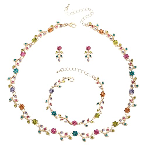 Austrian Crystal Rhinestone Choker Necklace Dangle Earring Link Bracelet Jewelry Set for Brides Bridesmaid Prom Costume Accessories for Women - color: Multicolor-Gold Plated