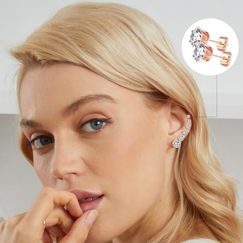 Gemsme 5 Pairs Princess Cut Cubic Zirconia Stud Earrings for Women/Men - 18K Gold Plated Hypoallergenic 3-7mm Square Clear CZ Earring Set - color: Rose Gold-Round 6 Prong