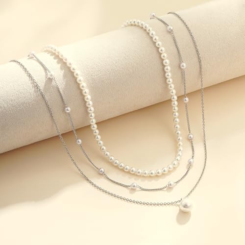 Pearl Necklaces for Women Trendy, 18K Gold/Silver Plated Layered Pearl Necklaces Dainty Pearls Choker Necklace and Earring Set Birthday Gifts for Mom Wife Daughter Sister Friends - color: Silver Pearl Necklace-3pcs