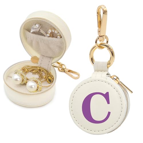 Mini Initial Travel Jewelry Case Ring Holder, Beige Faux Leather Small Jewelry Organizer Box Gifts for Women Girls Nurse Teacher, Gym Travel Accessories Keychain Pouch for Earrings Rings Necklace C - color: Beige, size: Leather-C